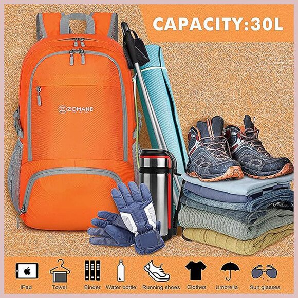 Lightweight Packable Backpack 30L - Foldable Hiking Backpacks Orange - Picture 3 of 6